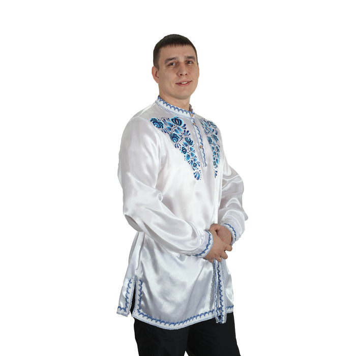 Рубаха русская мужская "Синие цветы", атлас, р-р 56-58, цвет белый 