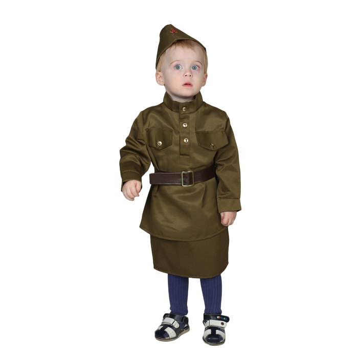 Карнавальный костюм "Солдаточка-малютка", пилотка, гимнастёрка, ремень, юбка, 1-2 года, рост 82-92 см 