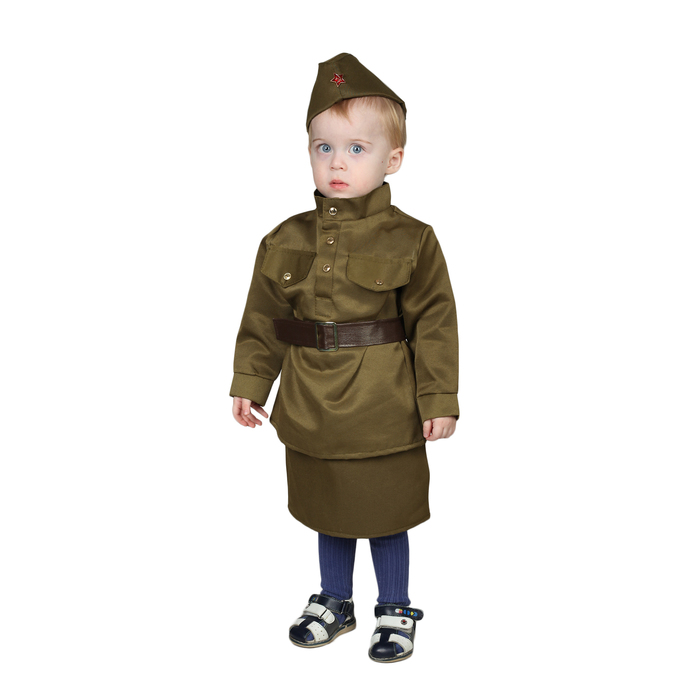 Карнавальный костюм "Солдаточка-малютка", пилотка, гимнастёрка, ремень, юбка, 2-3 года, рост 94-104 см 