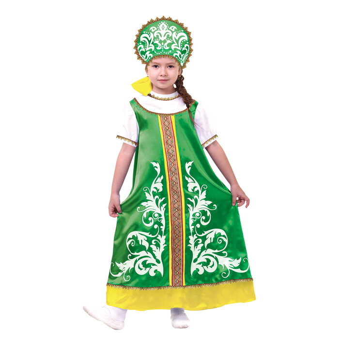 Русский народный костюм "Узоры", платье с кокеткой, кокошник, цвет зелёный, р-р 34, рост 134-140 см 