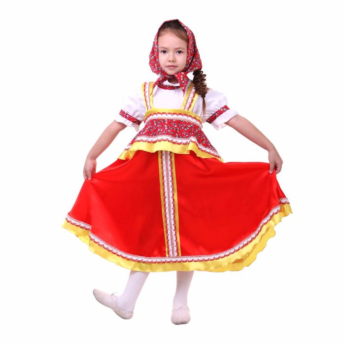 Русский народный костюм "Алёнушка", платье-сарафан, косынка, р-р 64, рост 122-128, цвет красный 