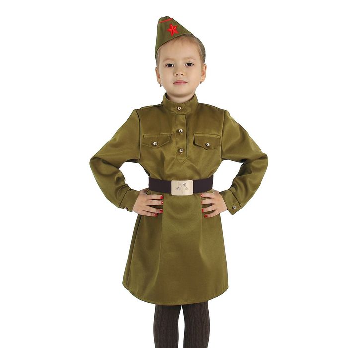 Карнавальный костюм для девочки "Военный", платье, ремень, пилотка, рост 104-110 см 