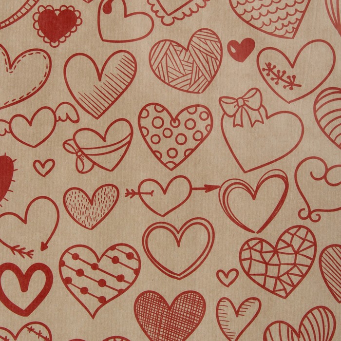 Бумага упаковочная крафт "Сердечки фигурные", красный, 40 г/м2, 0,72 х 10 м 