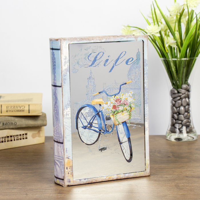 Сейф-книга дерево "Велосипед с цветами в корзине" кожзам, зеркальная 24х16х5 см 