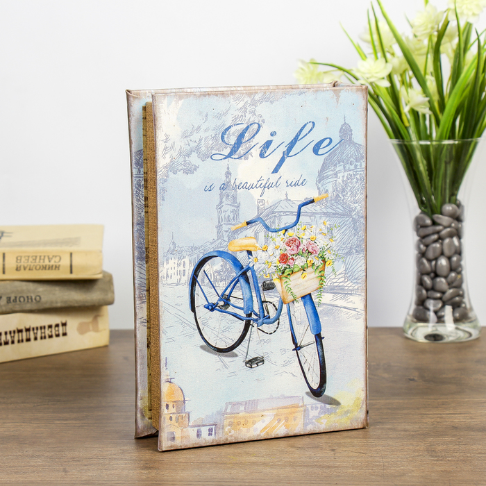 Сейф-книга дерево "Велосипед с цветами в корзине" кожзам, зеркальная 24х16х5 см 