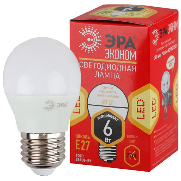 Светодиодная лампа ЭРА ECO LED Р45-6W-827-E27
