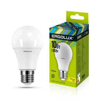 Лампочка Ergolux LED-A60-10W-E27-3K, Тёплый