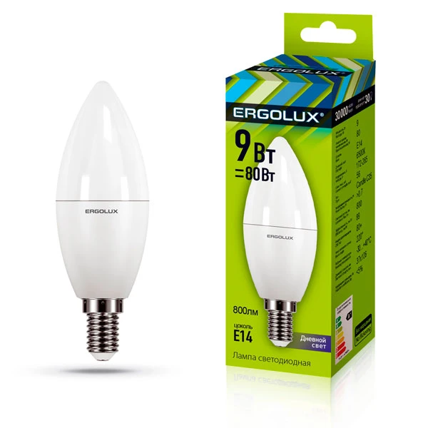 Лампочка Ergolux LED-C35-9W-E14-6K