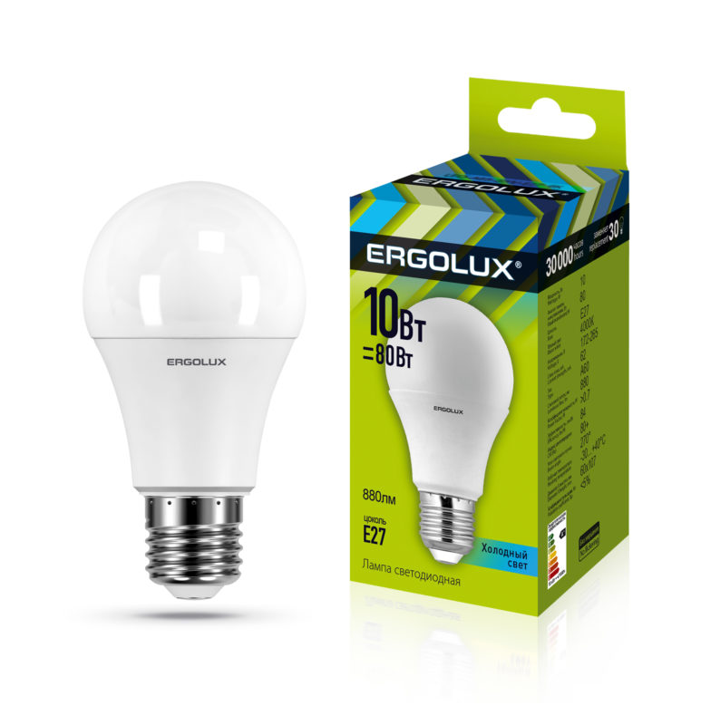 Лампочка Ergolux LED-A60-10W-E27-4K,  Холодный