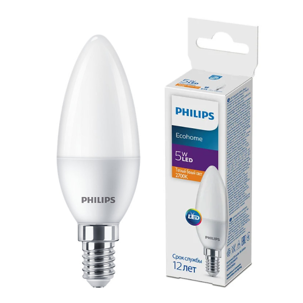 LED лампа Philips EcohomeLEDCandle 5W 500lm E14 827B35NDFR