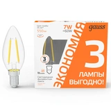 LED лампа Gauss Filament Свеча 7W E14 550 lm 2700K (3 шт в упак.) 103901107T