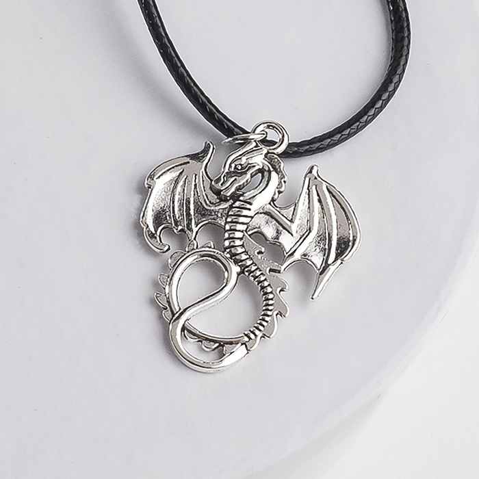 Кулон на шнурке "Крылатый змей" цвет чернёное серебро на чёрном шнурке, 42 см 