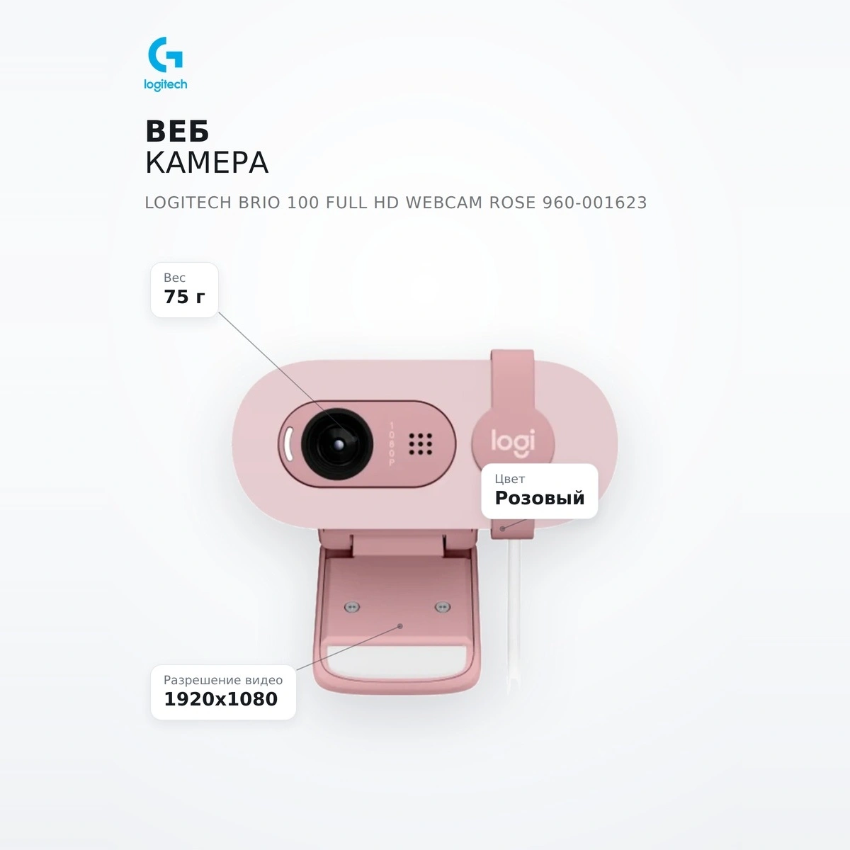 Веб камера Logitech Brio 100 Full HD Webcam Rose 960-001623 - фото 7