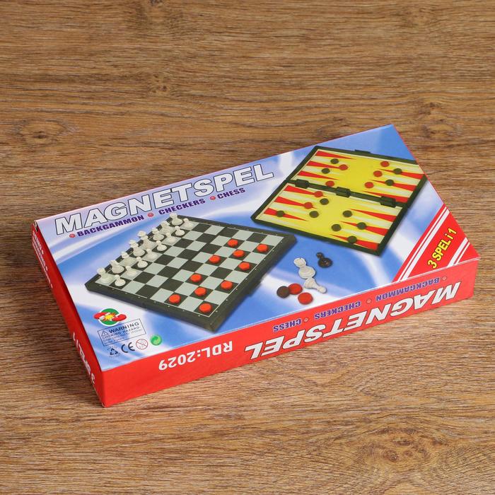 Настольная игра, набор 3 в 1 "Зук": нарды, шахматы, шашки, магнитная доска 24.5х24.5 см 
