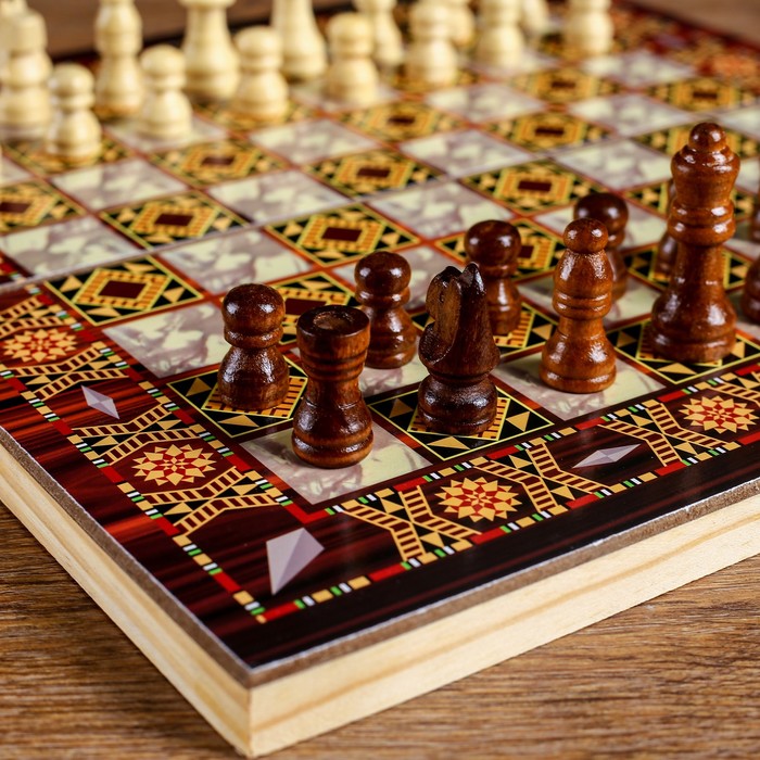 Настольная игра 3 в 1 "Узоры": нарды, шашки, шахматы, поле 30х30 см, дерево 