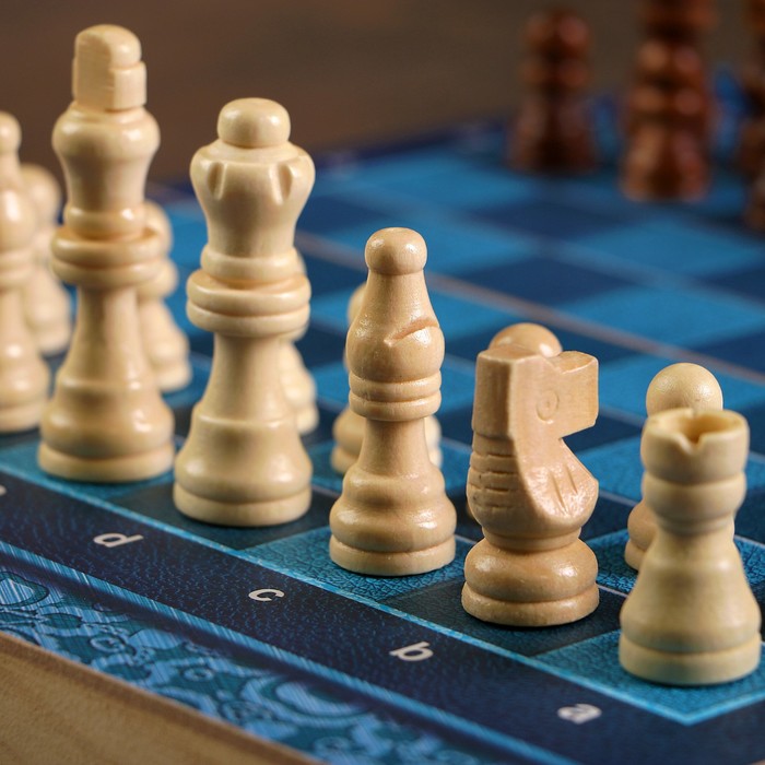 Набор игр 3 в 1 "Синева": нарды, шахматы, шашки, доска и фигуры из дерева, 29х29 см 
