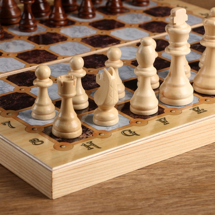 Настольная игра 3 в 1 "Мрамор": шахматы, шашки, нарды (доска дерево 40х40 см) 
