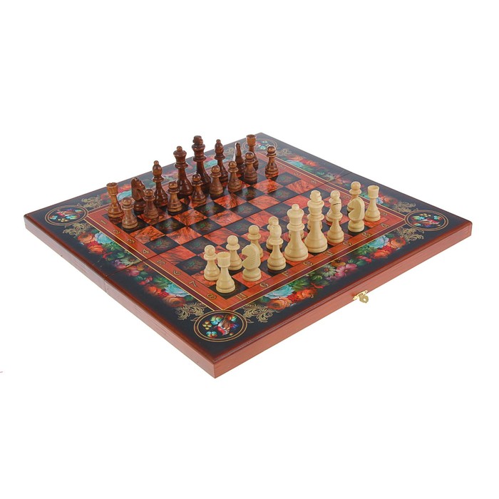Настольная игра 3 в 1 "Цветы": шахматы, шашки, нарды (доска дерево 50х50 см) 
