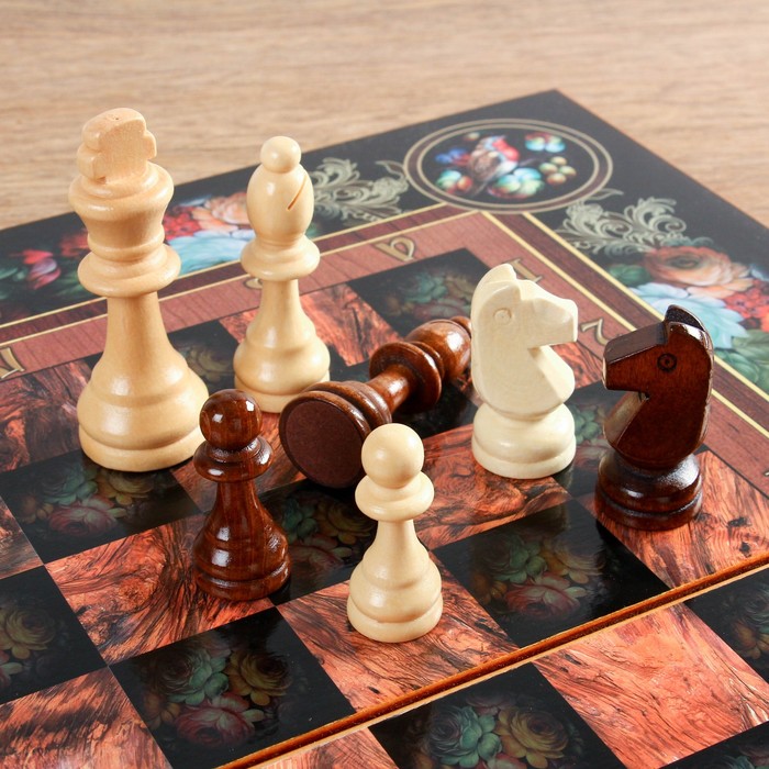 Настольная игра 3 в 1 "Цветы": шахматы, шашки, нарды (доска дерево 50х50 см) 