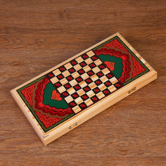 Нарды  "Зеленый узор", деревянная доска 40х40 см, с полем для игры в шашки 