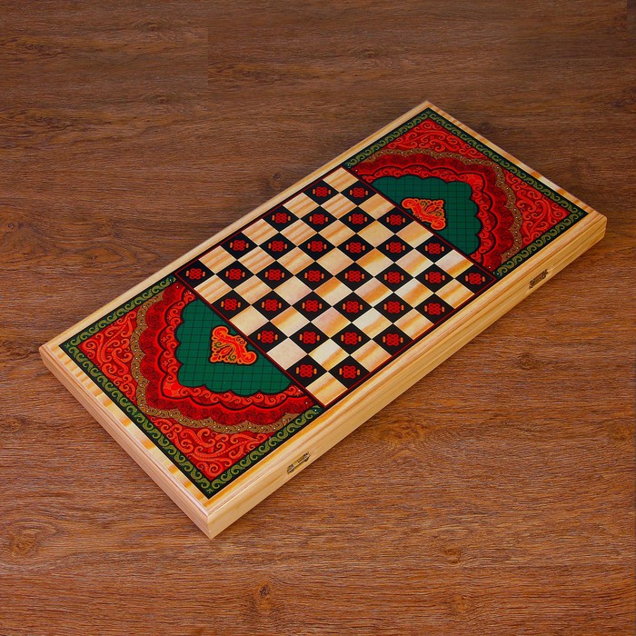 Нарды  "Зеленый узор", деревянная доска 60х60 см, с полем для игры в шашки 