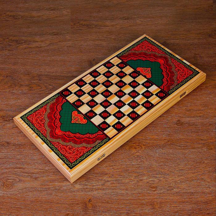 Нарды  "Зеленый узор", деревянная доска 60х60 см, с полем для игры в шашки 
