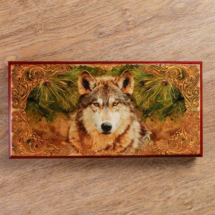 Нарды "Таежный волк",  деревянная доска 40х40 см, с полем для игры в шашки 