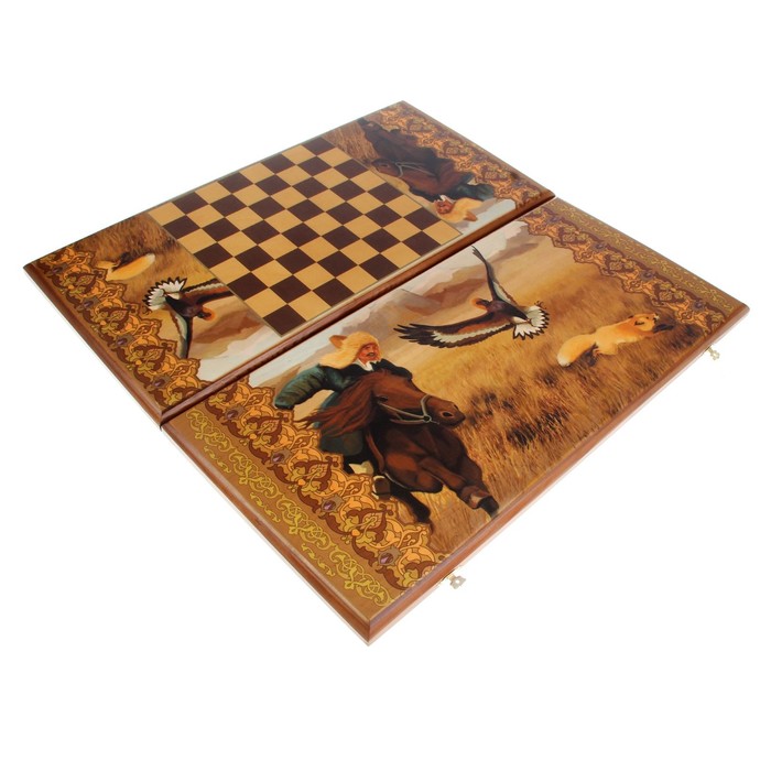 Нарды "Охота с беркутом", деревянная доска 60х60 см, с полем для игры в шашки 