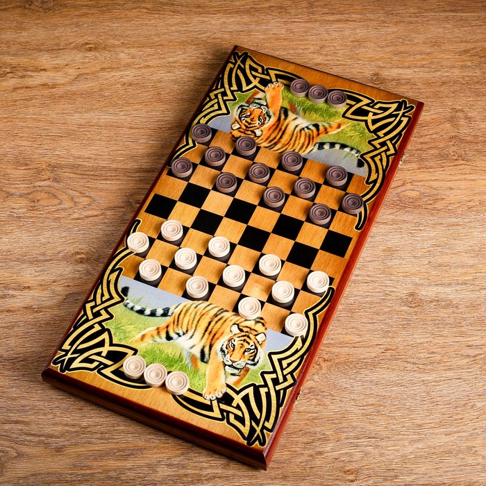 Нарды "Тигр", деревянная доска 60х60 см, с полем для игры в шашки 
