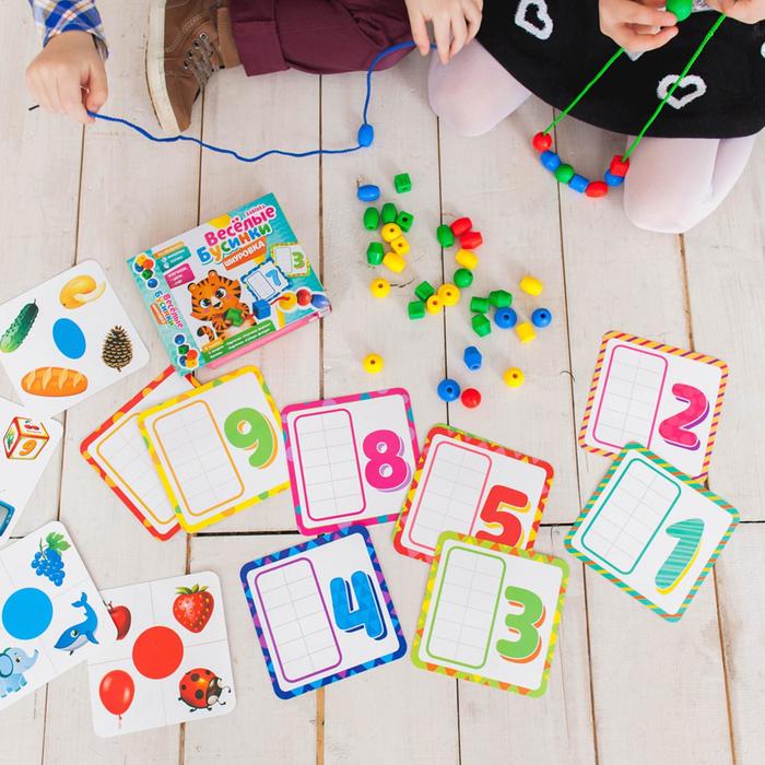 Развивающая игра шнуровка «Бусины» с карточками «Учим счёт, цвета и формы» 