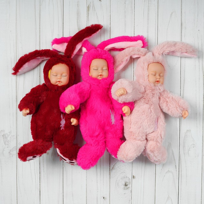 Мягкая игрушка «Кукла в костюме зайца», на животе вышивка, закрытые глаза, цвета МИКС 
