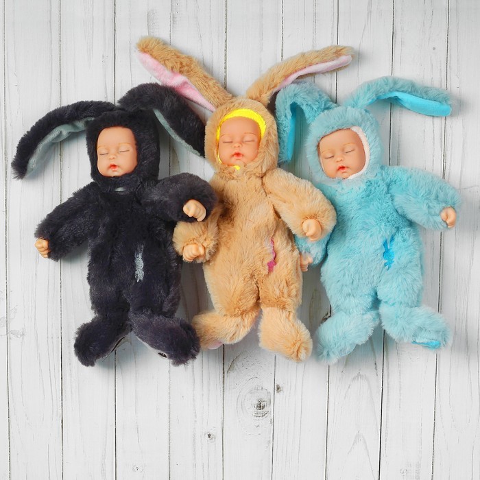 Мягкая игрушка «Кукла в костюме зайца», на животе вышивка, закрытые глаза, цвета МИКС 