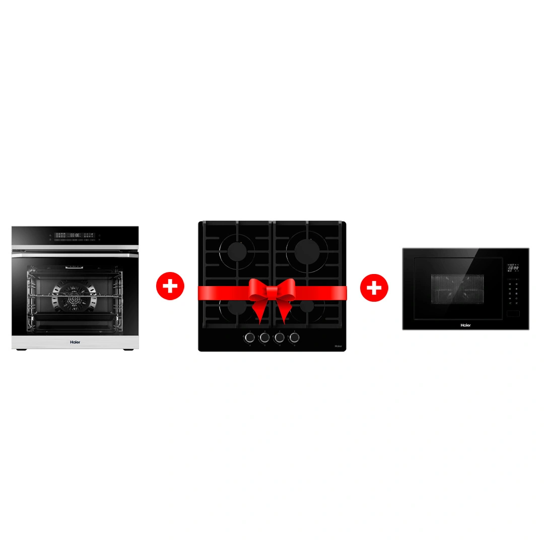 Комплект Газовая варочная поверхность Haier HHX-G64CNB + Встраиваемая микроволновая печь Haier HMX-BTG259B + Встраиваемый духовой шкаф Haier HOQ-F5AABX 