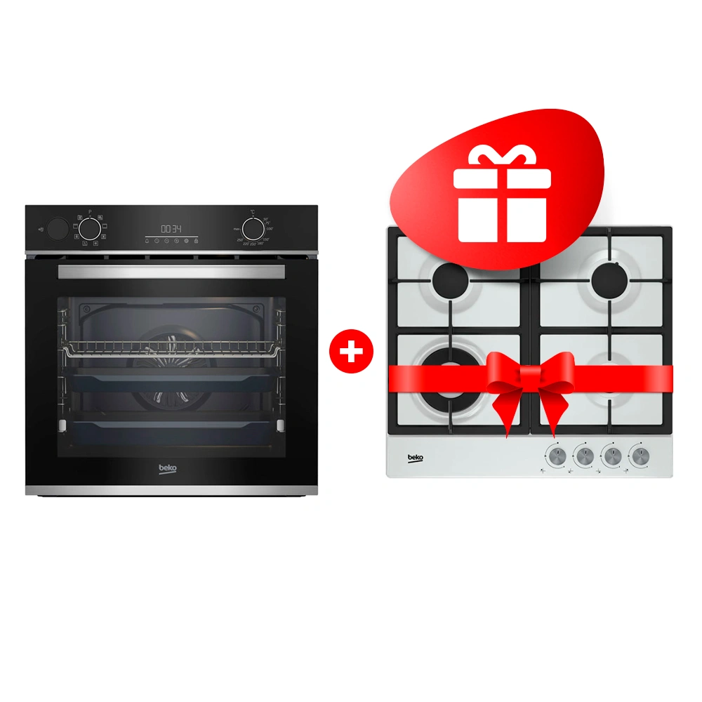 Комплект Газовая варочная поверхность Beko HIAW 64225 SW + Встраиваемый духовой шкаф Beko BBIS13300XMSE 
