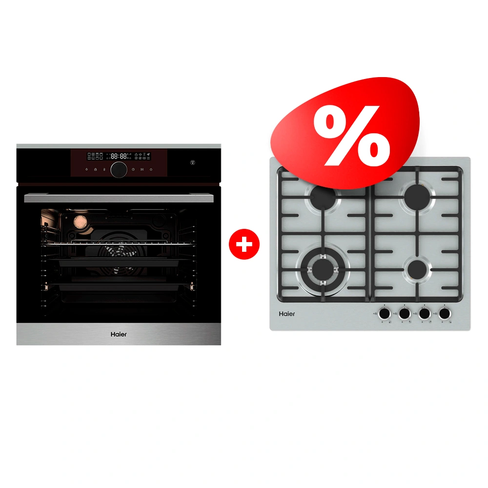 Комплект Газовая варочная поверхность Haier HHX-M64CWFX + Встраиваемый духовой шкаф Haier HOX-FP5RABX 
