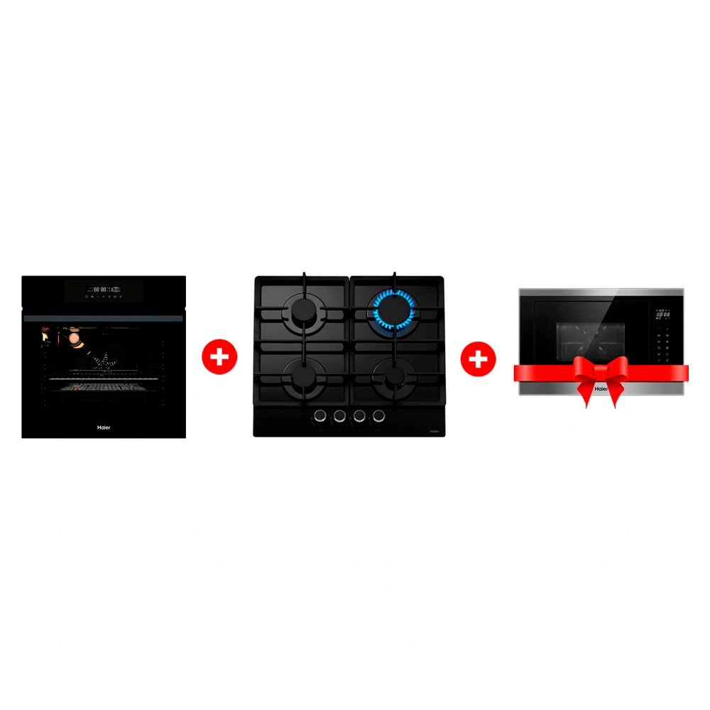 Жиынтық Haier газ пісіру беті HHX-G64CNB + Haier  кіріктірілетін микротолқынды пеші HMX-BTG259X + Haier кіріктірілетін тұмша шкафы HOX-FP3AGB 