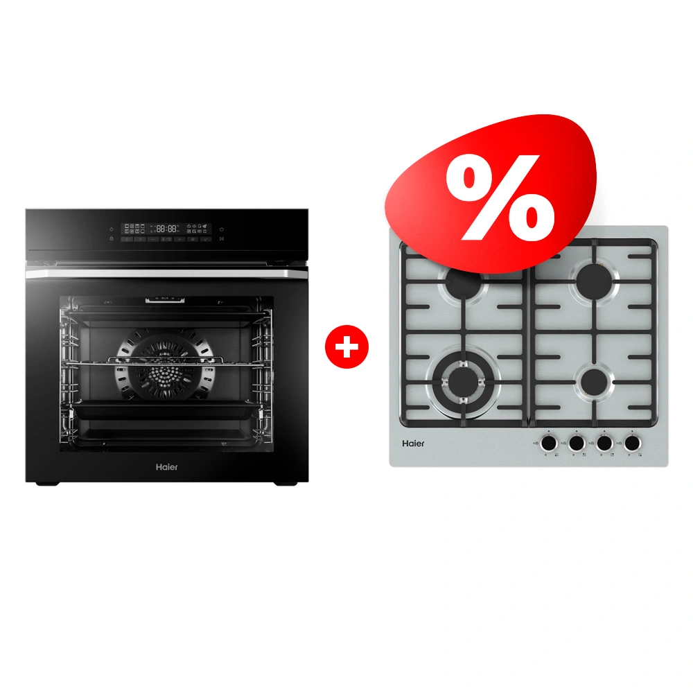 Комплект Газовая варочная поверхность Haier HHX-M64CWFX + Встраиваемый духовой шкаф Haier HOQ-F5AAGB 