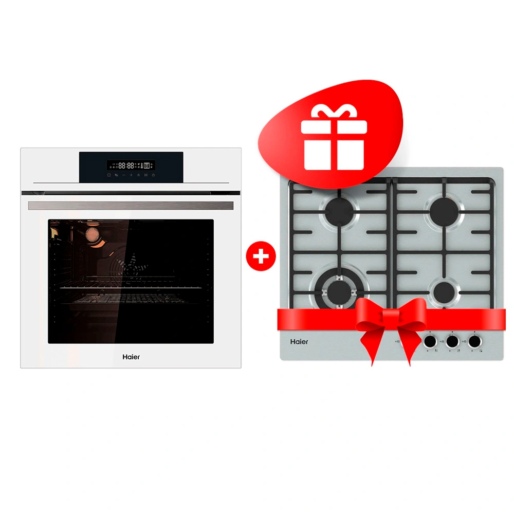 Комплект Газовая варочная поверхность Haier HHX-M64CWFX + Встраиваемый духовой шкаф Haier HOX-FP3AWB 