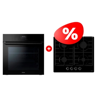 Комплект Газовая варочная поверхность Haier HHX-G64CNB + Встраиваемый духовой шкаф Haier HOQ-F3AAN3GB 