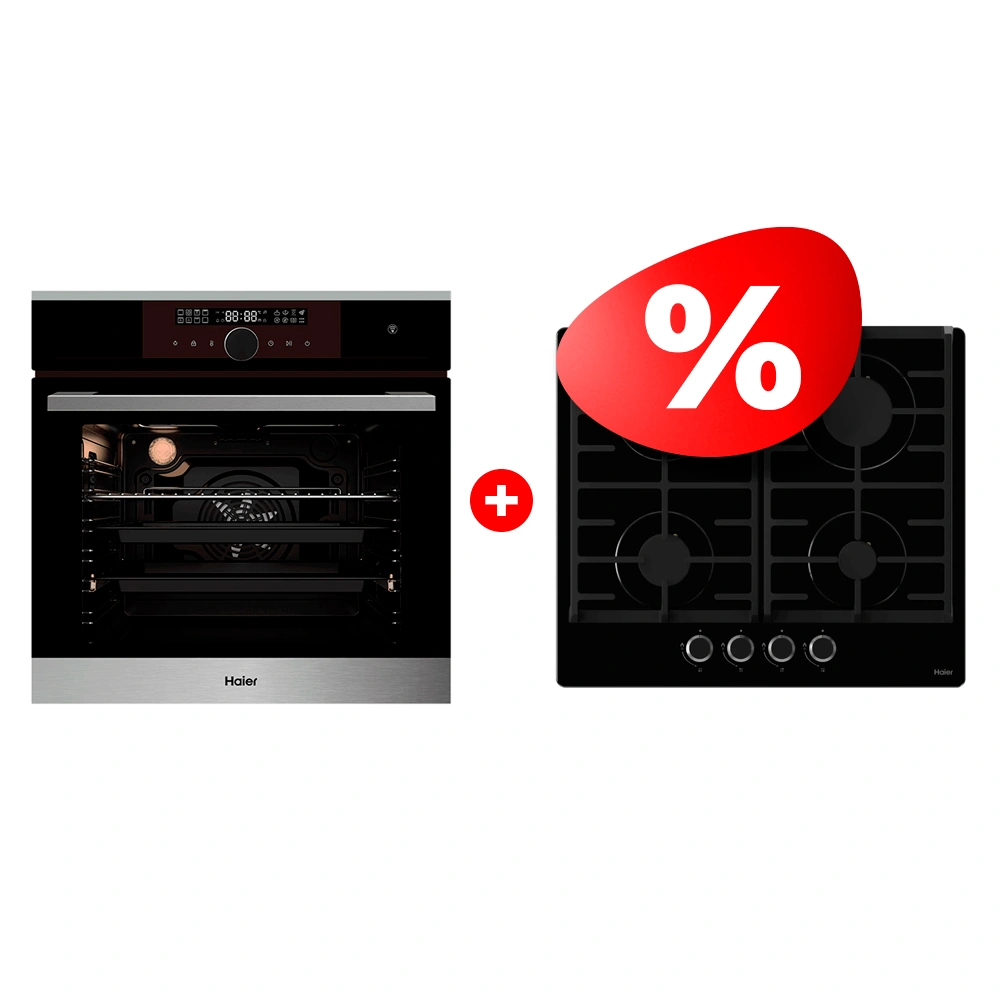 Комплект Газовая варочная поверхность Haier HHX-G64CNB + Встраиваемый духовой шкаф Haier HOX-FP5RABX 