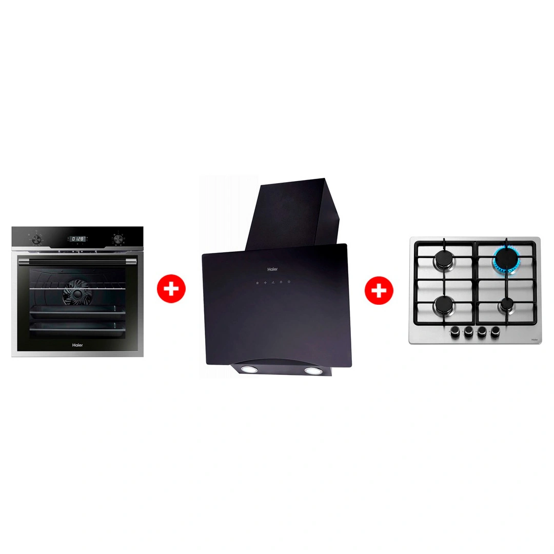 Комплект Газовая варочная поверхность Haier HHX-M64CNX + Вытяжка Haier HVX-W692GB + Встраиваемый духовой шкаф Haier HOD-PM08VGBX 