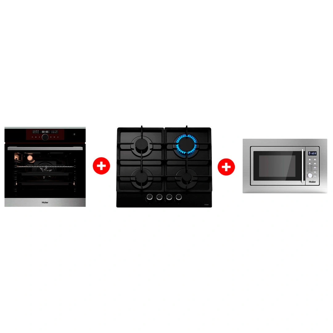 Комплект Газовая варочная поверхность Haier HHX-G64CNB + Встраиваемая микроволновая печь Haier HMX-BDG259LX + Встраиваемый духовой шкаф Haier HOX-FP5RABX 