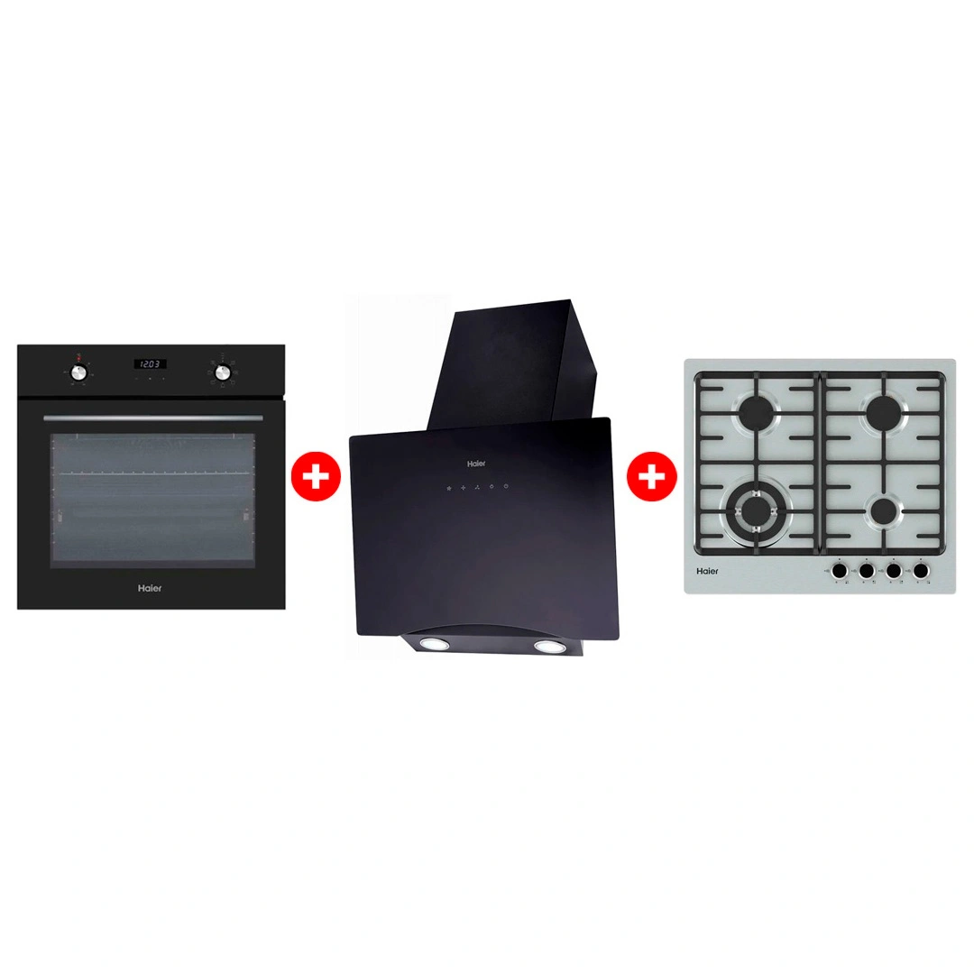 Комплект Газовая варочная поверхность Haier HHX-M64CWFX + Вытяжка Haier HVX-W692GB + Встраиваемый духовой шкаф Haier HOX-P06HGB 