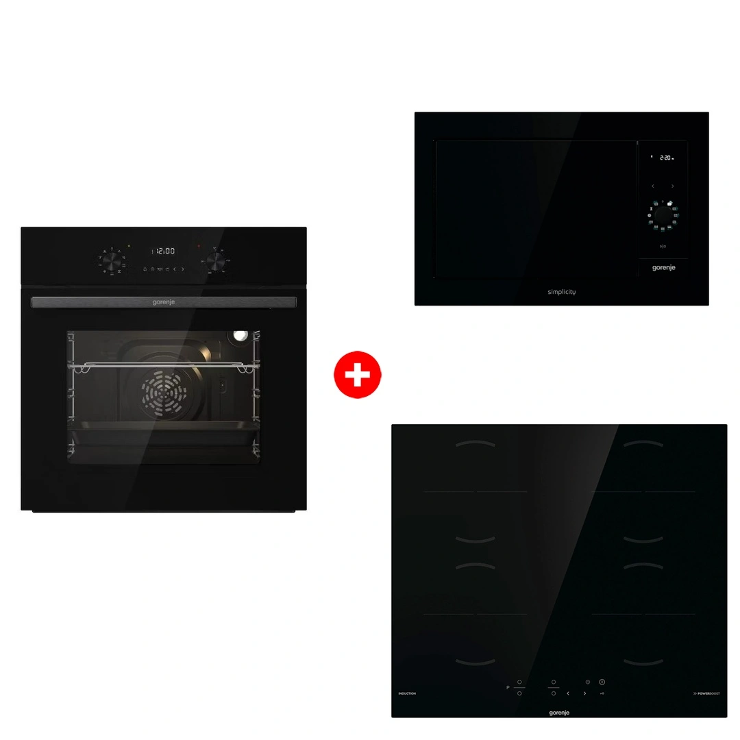 Комплект Индукционная поверхность Gorenje GI6401BSCE + Встраиваемая микроволновая печь Gorenje BM235G1SYB + Встраиваемый духовой шкаф Gorenje BO6737E02NBG 