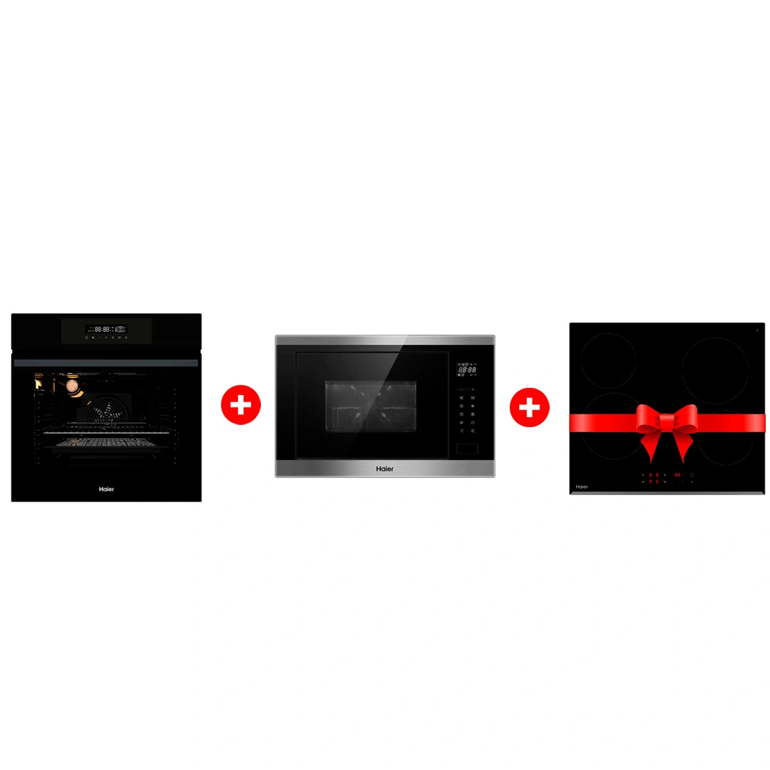 Комплект Встраиваемый духовой шкаф Haier + Стеклокерамическая варочная поверхность Haier + Встраиваемая микроволновая печь Haier HOX-FP3AGB + HHY-C64RVB + HMX-BTG259X