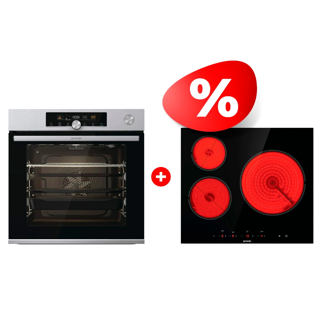 Жиынтық Gorenje кіріктірілетін электр пеші BSA6747A04X + Gorenje электр пісіру беті ECT63ASC 