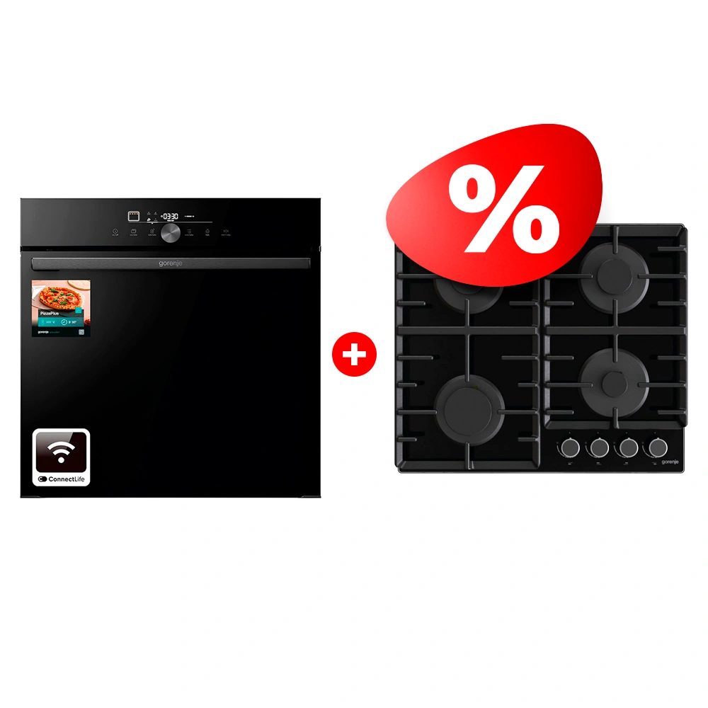 Жиынтық Gorenje кіріктірілетін электр пеші GO66E PIZZA350C + Газовая варочная поверхность Gorenje GT642AB 
