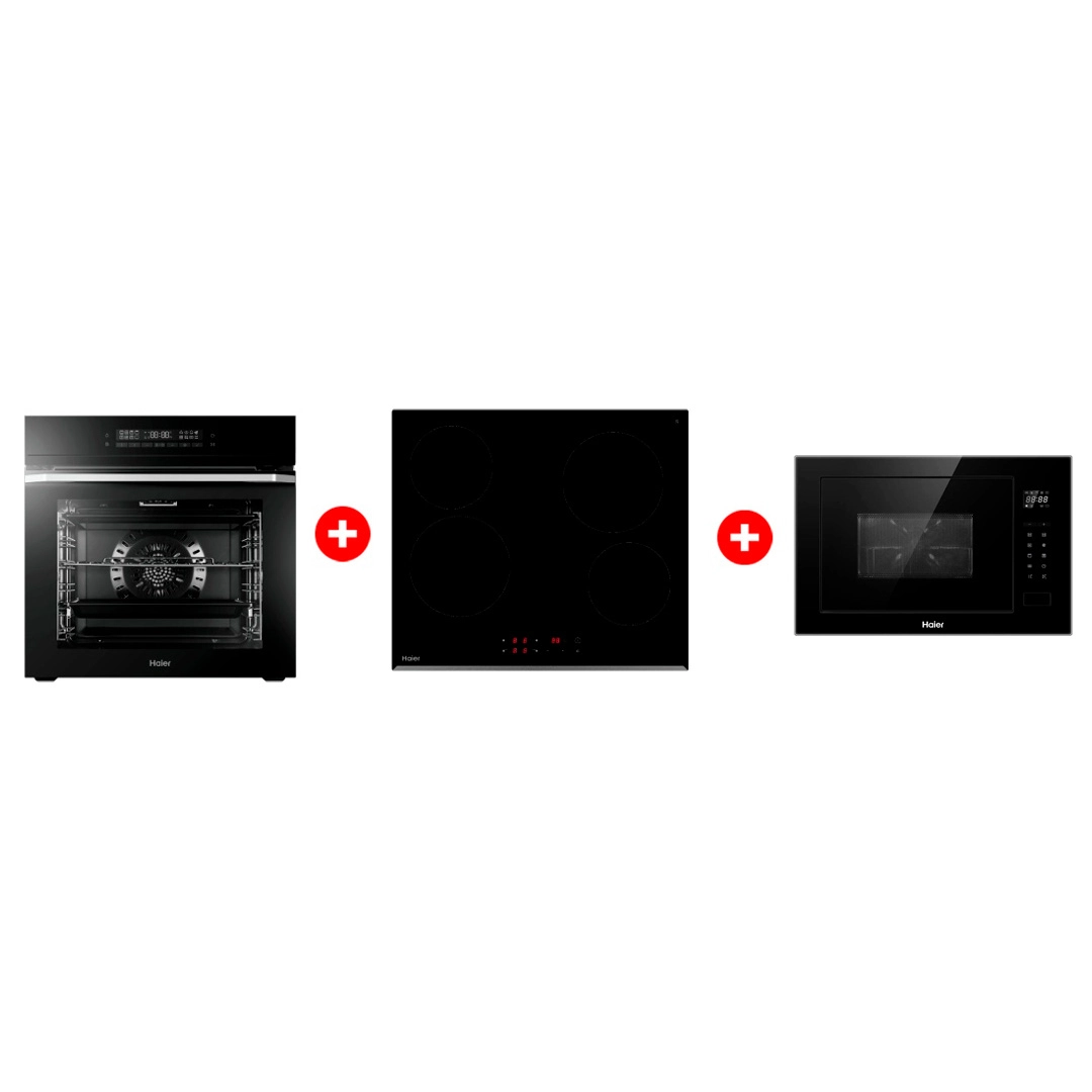 Комплект Встраиваемый духовой шкаф Haier HOQ-F5AAGB + Стеклокерамическая варочная поверхность Haier HHY-C64RVB + Встраиваемая микроволновая печь Haier HMX-BTG259B 