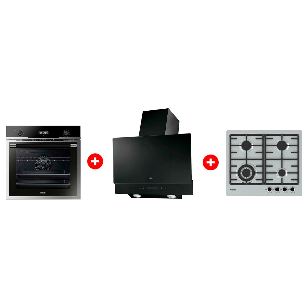 Комплект Встраиваемый духовой шкаф Haier HOD-PM08VGBX + Вытяжка Haier HVX-W672GB + Газовая варочная поверхность Haier HHX-M64CWFX 