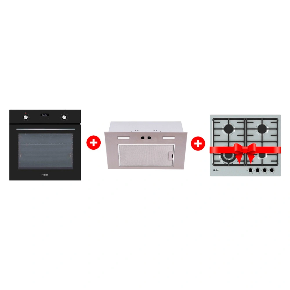 Жиынтық Haier кіріктірілген тұмшапеш HOX-P06HGB + Haier ауа сорғышы HVX-BI662X + Haier газ пісіру беті HHX-M64CWFX 